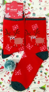 Holiday cotton socks with reindeer and snowflake patterns in festive red and grey finish
