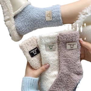 Thick coral fleece socks for women featuring cute bear patches in four pastel colors