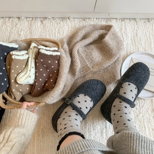 Femmes Style Japonais Pois Dentelle Chaussettes Mi-hautes Épaissies Chaud Doublé Polaire Doux Confortable Sommeil Hiver Accessoire