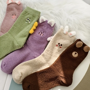 Detailed view of 5-pack thick coral fleece socks with 3D animal ears and cute embroidery