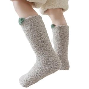 Chaussettes d'hiver épaisses en polaire corail pour enfants, gris avec pompon vert