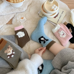 Thick wool socks for women with cute 3D cartoon animal embroidery in assorted colors