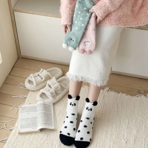 Thick coral fleece socks with cute cartoon animal designs and 3D ears for winter warmth