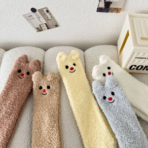 Fünf Paar flauschige Korallenfleece-Socken mit 3D-Ohren und süßer Bestickung