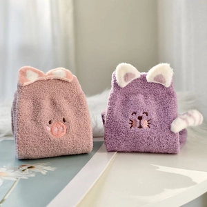 Thick coral fleece thermal crew socks with cute cartoon animal embroidery for women