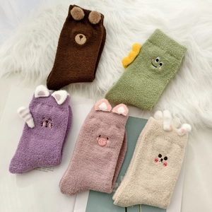Women Winter Warm Thermal Plush Socks Cartoon Animal Jacquard Fuzzy Sleep Socks For Home Daily Casual Thick Crew Socks
