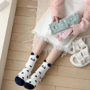 Winter plush coral fleece mid-tube socks with cute animal embroidery and 3D ears