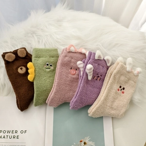 5-pack thick coral fleece winter socks for women featuring cute cartoon embroidery