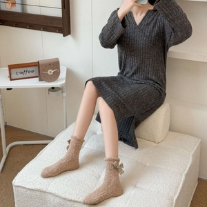 Thick winter coral fleece mid-calf socks with plaid bow knot in light khaki color