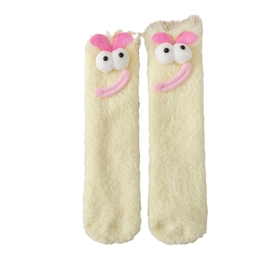 Cute yellow fuzzy monster socks with 3D cartoon eyes and ears for winter warmth