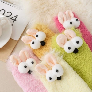 Women Cute 3D Bunny Ears Coral Fleece Socks Winter Warm Thickened Mid-Tube House Socks Soft Fuzzy Sleep Socks For Women