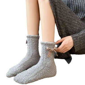 Thick grey coral fleece mid-calf socks with plaid bow decoration for winter home wear