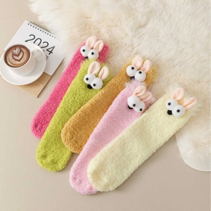 Five pairs of fluffy coral fleece thermal socks with 3D bunny decor for winter warmth
