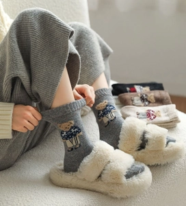 Detailed knit texture of mid-tube socks with cute 3D bear jacquard and ribbed cuffs