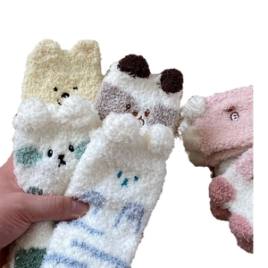 Chaussettes épaisses en polaire corail avec oreilles d'animaux 3D et broderie