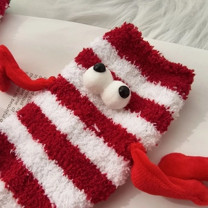 Cute red and white striped Christmas coral fleece socks with 3D eyes and tiny hands