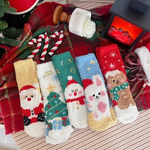 Chaussettes de Noël Chaudes en Polaire Corail pour Femmes Épaisses Hiver Mi-mollet Dessin Animé Père Noël Bonhomme de Neige