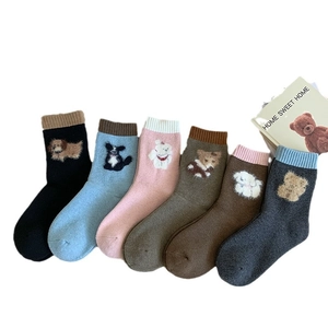 6-pack thick wool blend crew socks for women featuring cute animal embroidery patterns