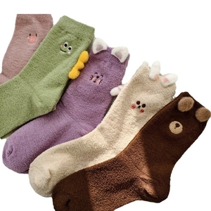5-pack thick coral fleece winter socks with cute cartoon animal 3D ears and embroidery