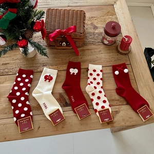 Women Christmas Socks Cotton Red White Mid-calf Socks Apple Pattern Pompom Bowknot Festive Warm Winter New Year Socks