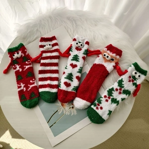 Five-pack Christmas coral fleece socks with 3D eyes and magnetic hands in festive colors