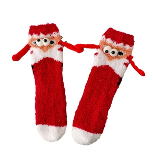 Hand-holding Christmas coral fleece socks with 3D eyes and cute festive red arms