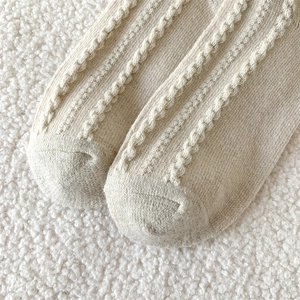 Close-up of cable knit texture on cream-colored wool socks showing detailed pattern