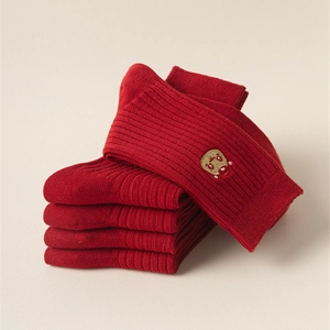 Detail of red ribbed cotton socks featuring intricate gold and red cartoon embroidery