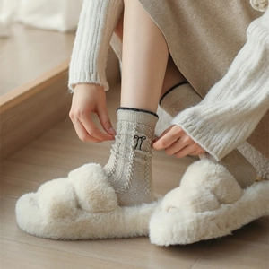 Winter wool socks with black bow embroidery and plush cross-strap thick platform slippers
