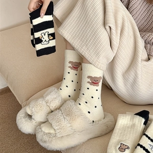 Thick warm cartoon embroidered plush socks featuring cute bear and rabbit patterns