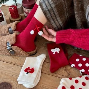 Festive red rabbit wool crew socks with cherry decor and festive patterns for winter