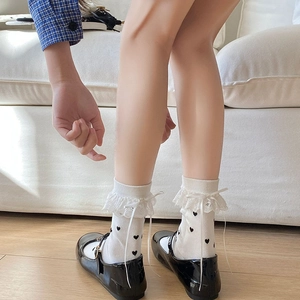 Women's Japanese Lolita Slouch Socks Cotton Heart Pattern Lace Trim Ribbon Bow Calf High Socks Sweet Girly Hosiery