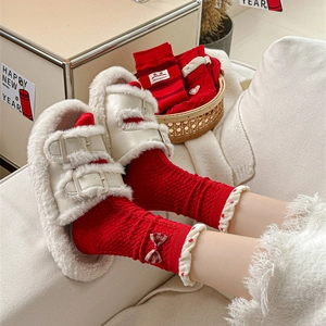 Festive red New Year socks with bow details and white plush buckle slippers set