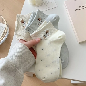 Women Cute Embroidered Dog Polka Dot Low Cut Socks Breathable Combed Cotton Korean Style No Show Ankle Socks For Daily School Casual
