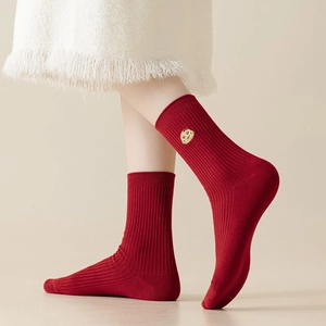 Deep red cotton crew socks for women with cute yellow cartoon face embroidery