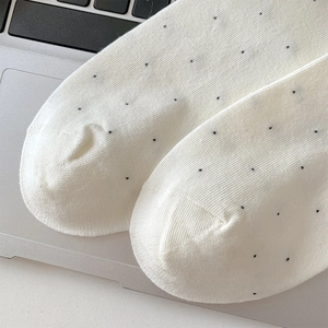 Close-up of white cotton ankle socks with black polka dots on a laptop background