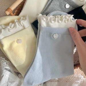 Chaussettes Slouch en Coton Peigné pour Femmes Bord à Volants Style Coréen Ins Couleur Unie Chaussettes Tube Moyen Bouton Coeur