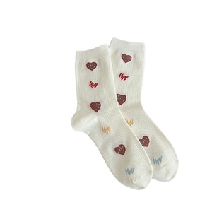 White ribbed crew socks with colorful cherry dots and letter embroidery for daily wear