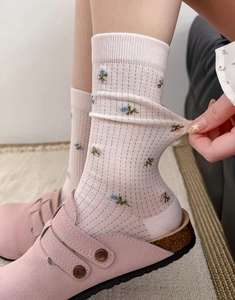 Détail de chaussettes en maille rose clair avec broderie florale et texture côtelée