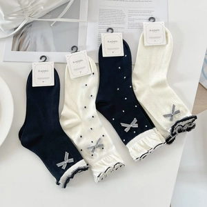 Women Cotton Slouch Socks With Ruffle Edge And Bow Korean Style Breathable Mid Calf Socks Polka Dot Pattern Fashion Hosiery