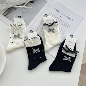Women's cotton crew socks with ruffle edge and bow knot decoration, 4-pair pack set