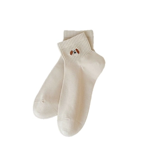 Cute cartoon puppy embroidery mesh boat socks in ivory beige cotton with ribbed cuffs