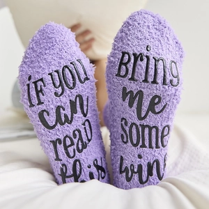 Lavender coral fleece socks with funny non-slip text If You Can Read This Bring Me Some Wine