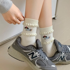 Breathable white cotton crew socks featuring cute cartoon dachshund embroidery and wavy edges