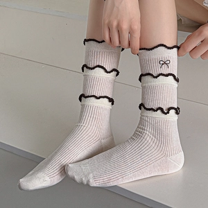Women Cotton Ruffle Crew Socks Bow Embroidery Korean Style Thin Breathable Slouch Socks Spring Summer Casual Fashion Hosiery
