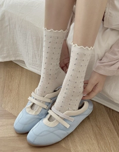Detail von cremeweißen Netzstricksocken mit Rüschenmanschetten und blauen Sneakern