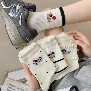 Women Cute Cartoon Dachshund Dog Embroidered Crew Socks Combed Cotton Breathable Ruffle Cuff Striped Polka Dot Casual Socks