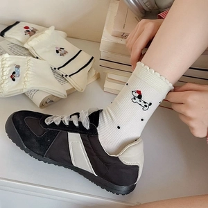 Breathable white cotton socks for women featuring cute dachshund embroidery and ruffled cuffs