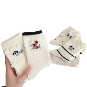 Set of four breathable cotton socks featuring cute cartoon dachshund dog embroidery