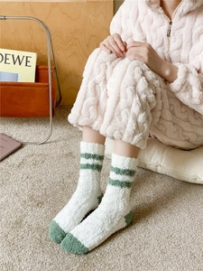 Detail of coral fleece socks in white and forest green with warm thick fuzzy texture